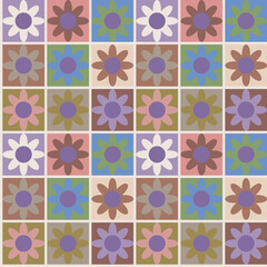 Geometric seamless pattern, squared with flower in desaturated colors and mocha color