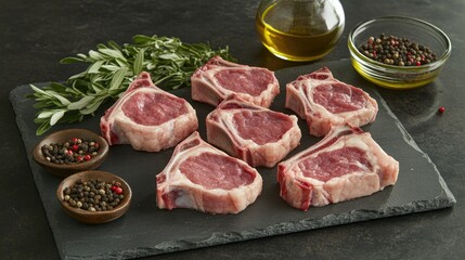 A culinary scene with raw meat cuts on a slate board, surrounded by fresh herbs, peppercorns, and olive oil