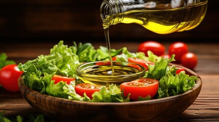 Fresh salad preparation with oil pouring over lettuce and tomatoes in a wooden bowl
