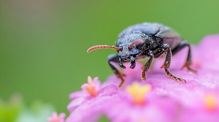 Macro Image of Black Beetle on Vibrant Pink Flower in Natural Setting : Generative AI