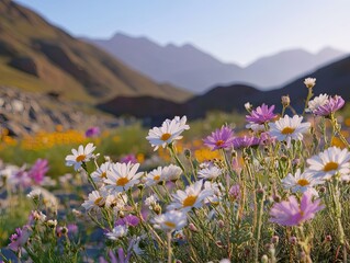 Obraz premium Mountain wildflowers bloom at sunset