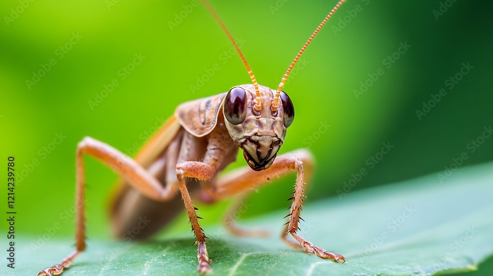 Poster Macro Image of a Small Praying Mantis Posing on a Green Leaf : Generative AI