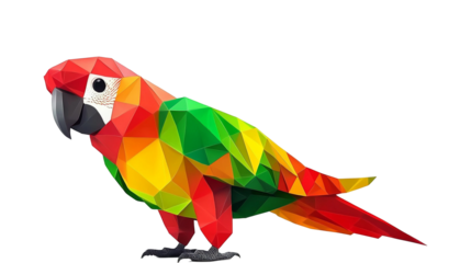 Geometric Colorful red, green, orange, and yellow macaw parrot against a transparent background
