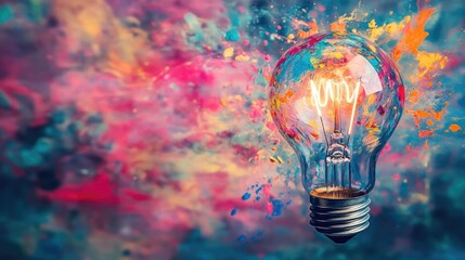 Creative light bulb explodes with colorful paint. brainstorming concept