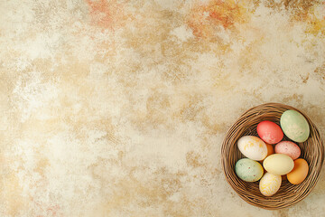 Vibrant Basket of Colorful Easter Eggs on Bright Yellow Background for Spring Celebration Themes, Easter Decorations, and Holiday Festivities