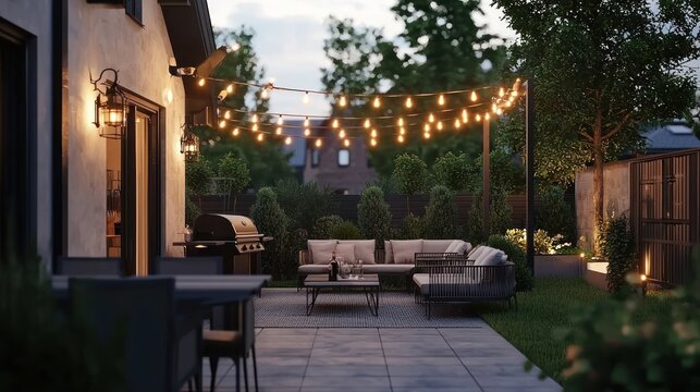 A stylish backyard patio with modern outdoor furniture, string lights hanging above, and a grill ready for a BBQ.