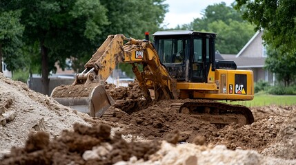 Obraz premium Yellow Bulldozer Moving Earth on Construction Site in a Suburban Neighborhood Setting : Generative AI