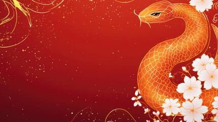 Obraz premium Golden Japanese-Themed Design for Lunar New Year Cherry Blossoms, Clouds, Snake, Red Flowers, with Text Space.