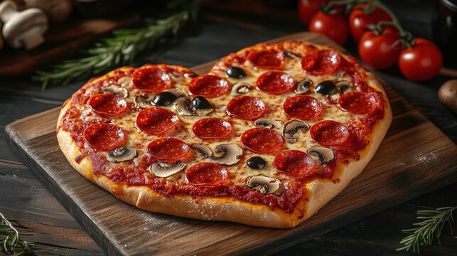 Tasty heart shaped pizza pepperoni with tomatos, olives, mushrooms, cheese, on woored rustic background.