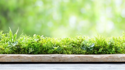Obraz premium Green moss and small succulent plants growing on a stone slab against a blurry natural background.