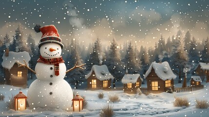 Obraz premium A snowman-building contest becomes a community event in this cheerful flat design scene