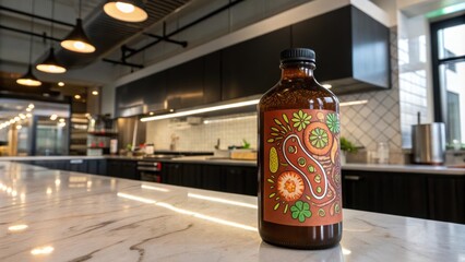 In a modern industrialstyled kitchen a closeup captures a single kombucha bottle resting on a marble countertop. The vivid glowing gut microbiota illustration spirals around