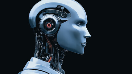 The Future of Intelligence: A close-up, profile view of a humanoid robot's head, intricately detailed with exposed circuitry and mechanical components, evokes thoughts of advanced technology.