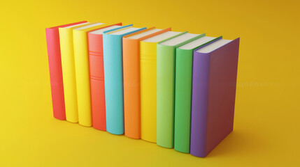 Colorful books stacked in a row on a yellow background