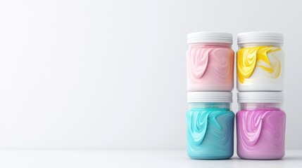 Colorful paint jars on white background, copy space
