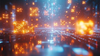 Fototapeta premium Abstract Glowing Cubes floating in a Digital Space with circuit board reflections Generated AI