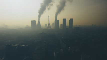 Obraz premium smog shrouds a city skyline, with plumes of smoke rising from industrial chimneys, emphasizing the pressing issue of air pollution and its impact on urban environments. 