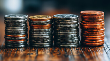 Four stacks of coins, representing saving, investment, and financial growth, sit on a rustic wooden surface.  The coins vary in color and size, suggesting different denominations