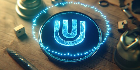 Glowing U symbol in futuristic circle.