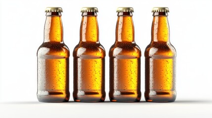 Four amber beer bottles, studio shot, white background, mockup