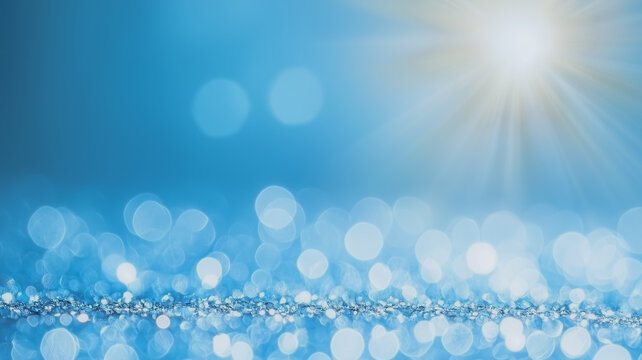 a shimmering blue background with abstract bokeh lights and a sunburst shining through. This image captures the essence of a bright and cheerful day with its soft, dreamy aesthetic