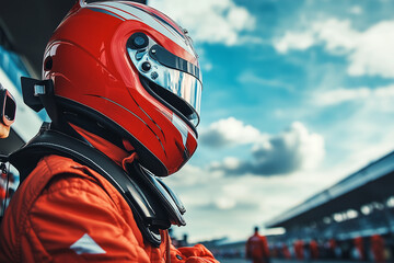 Fototapeta premium The racecar driver is fully prepared and excited to compete on the track once again. Generative AI