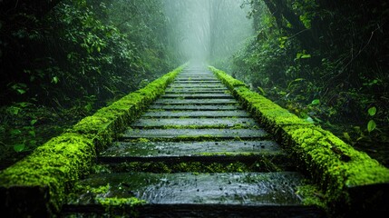 Obraz premium Misty forest path, mossy steps, jungle trek, nature background, travel poster