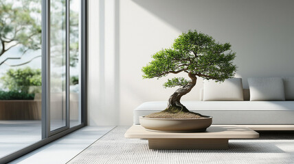 現代的なリビングに飾られた小型の盆栽が際立つインテリア写真