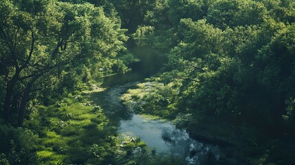Lush green forest river aerial view, sunlight dappled, nature background, ideal for environmental themes