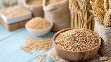 Wheat grains in bowl, sacks, and stalks on blue wood. Food production