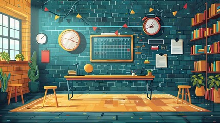 A solar-powered classroom lights up possibilities for the future in this educational flat design illustration