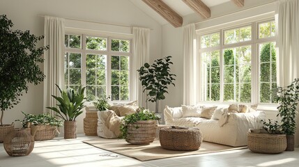 A summer-themed living room with light, airy decor, fresh plants, and large windows bringing in natural light.