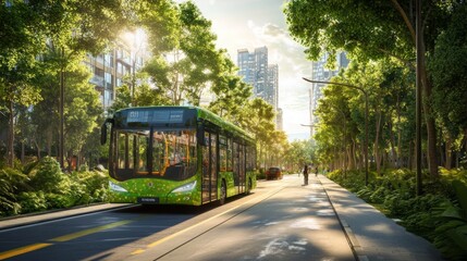 Obraz premium An electric bus travels down a tree-lined street in a vibrant urban area. Bright sunlight filters through the leaves, illuminating modern skyscrapers and creating a serene atmosphere for pedestrians.