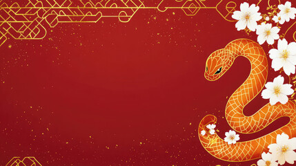 Obraz premium Golden Japanese-Themed Design for Lunar New Year Cherry Blossoms, Clouds, Snake, Red Flowers, with Text Space.