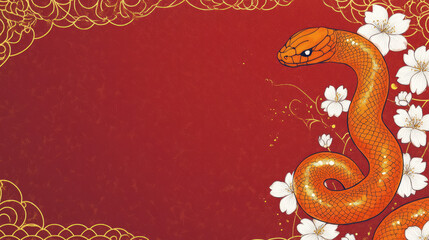 Obraz premium Golden Japanese-Themed Design for Lunar New Year Cherry Blossoms, Clouds, Snake, Red Flowers, with Text Space.