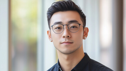 Fototapeta premium 両耳にシンプルなダイヤ型ピアスを着けた日本人男性の洗練されたスタイル