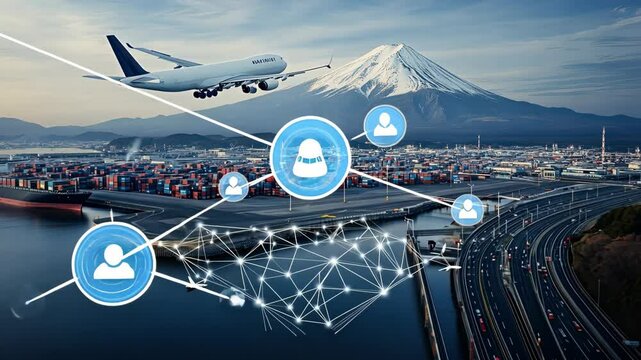 Transport systems evolve to support global trade as an aircraft approaches, showcasing Japan's infrastructure and iconic Mount Fuji