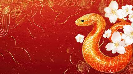 Obraz premium Golden Japanese-Themed Design for Lunar New Year Cherry Blossoms, Clouds, Snake, Red Flowers, with Text Space.