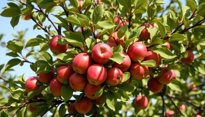 Obraz premium Red Apples Growing On A Tree Branch Among Lush Green Leaves
