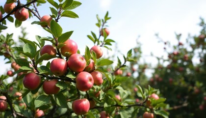 Obraz premium Red Apples Growing On A Branch In An Orchard