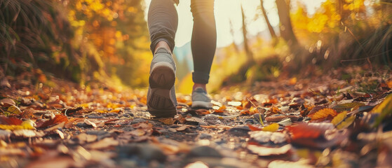 A person is walking on a path in the woods, sun is shining brightly