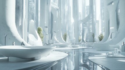 Futuristic city park, white architecture, calm water, sunlight, utopian design, sci-fi setting