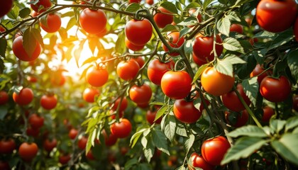 Ripe Red Tomatoes Growing On Vine In Sunlight