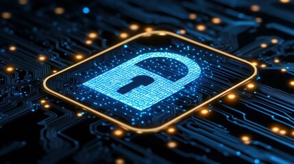 Cyber Security Padlock on Digital Circuit Board Glowing Data Protection Technology Generated AI