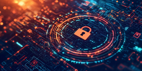 Digital Lock Symbol on a Futuristic Circuit Board Background with Glowing Lights Representing Cyber Security and Data Protection Concepts