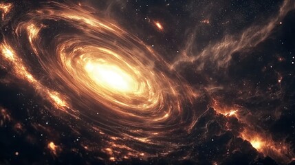 A swirling supermassive black hole pulling in light, gas, and stars, creating a glowing accretion disk
