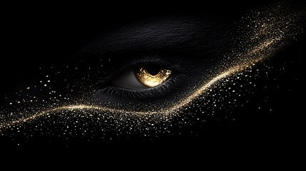 Close-up of a golden eye with dark, mysterious background and gold dust.