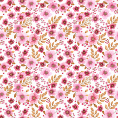 Watercolour pink colorful flowers sienna leaves illustration seamless pattern. On white background. Hand painted floral berries flower decor. Spring vibes print. For fabric, wrapping, cards, gift wrap