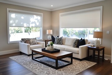 A modern living room featuring a white sofa with decorative pillows, a wooden coffee table, and stylish lamps. Large windows allow natural light, enhancing the cozy atmosphere.