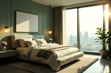 Modern bedroom interior in a skyscraper, large bed, Sage colored walls, modern elements with sunlight spot